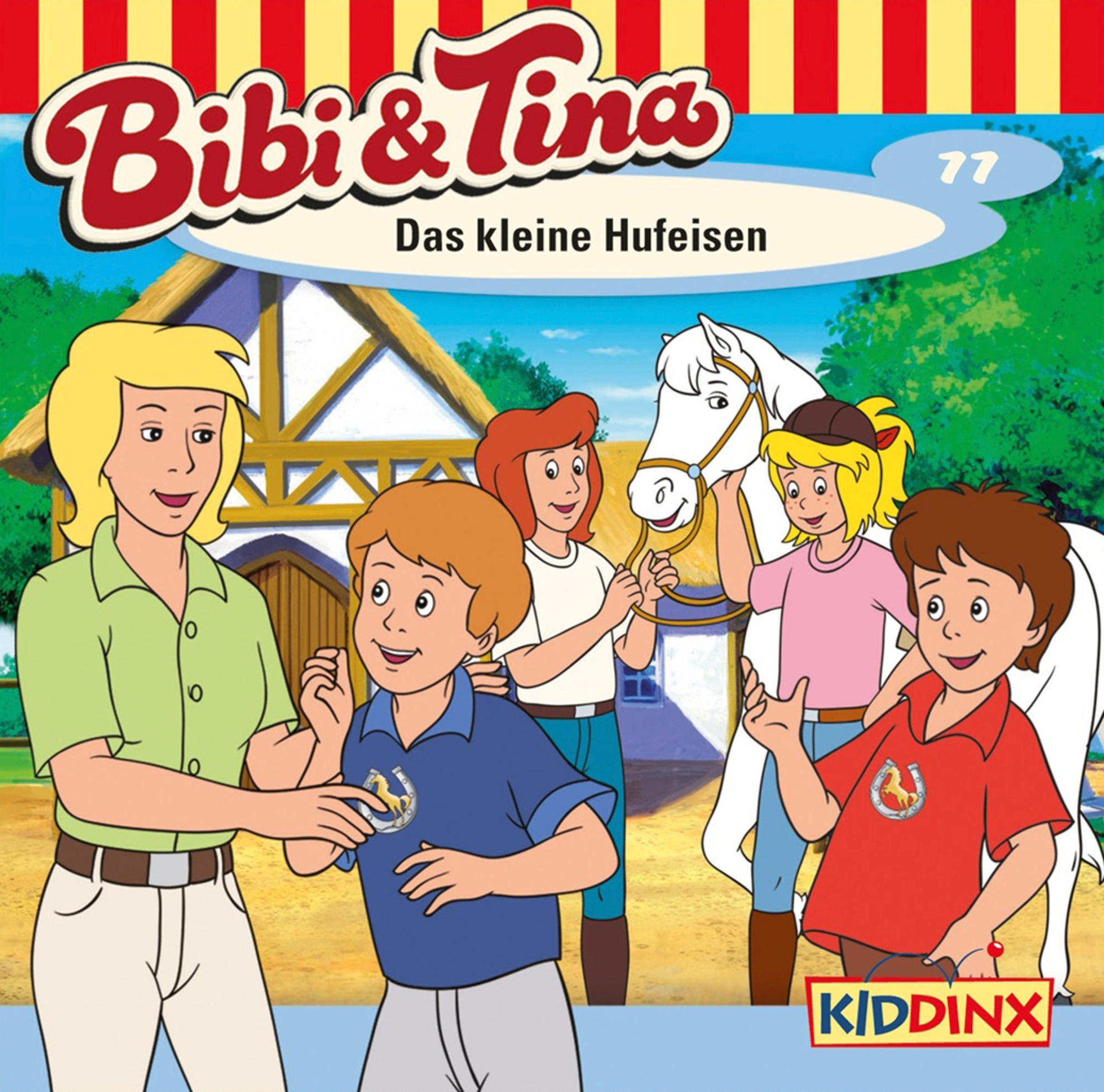 Albumcover, Cartoon-Stil. Kindergruppe, eine Frau und ein weißes Pferd. Text 'Bibi & Tina'.