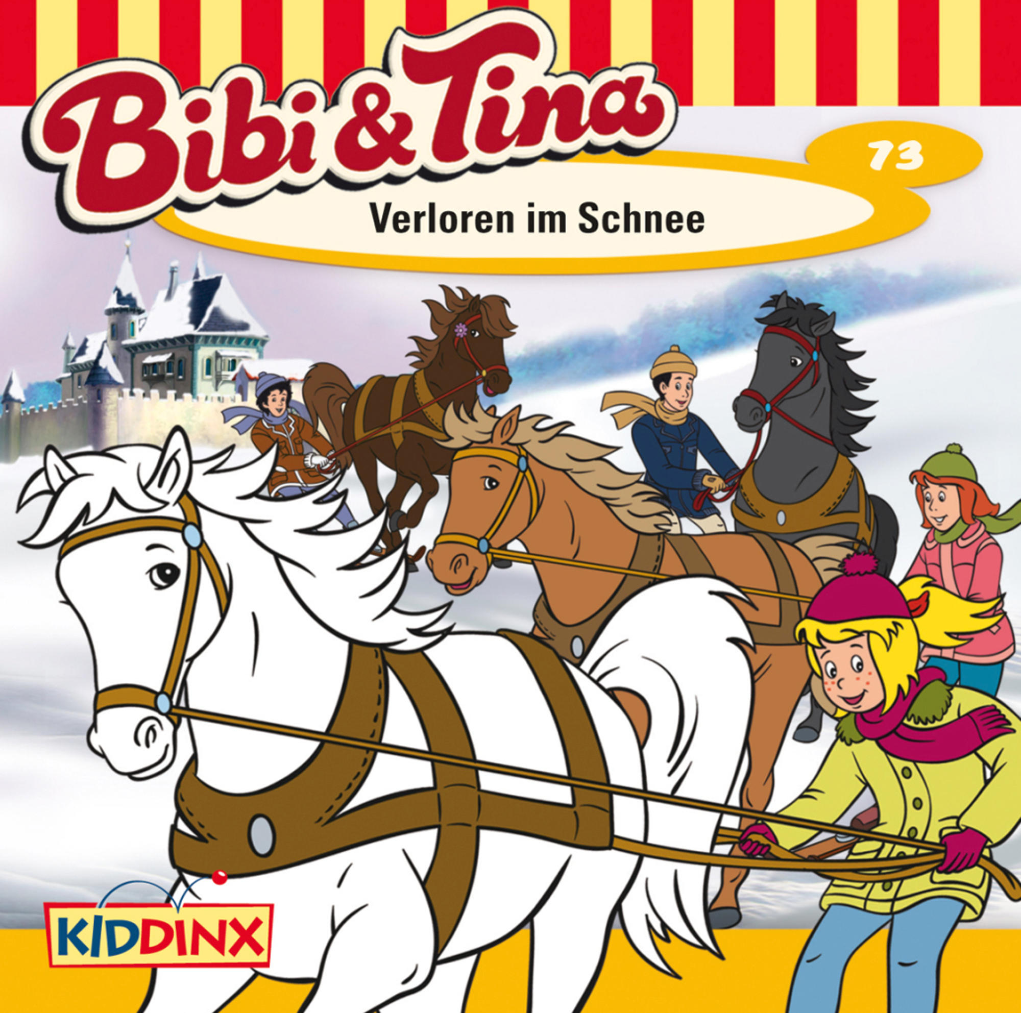 Cartoon-Cover eines Bibi & Tina-Buches. Pferde ziehen einen Schlitten mit Kindern.