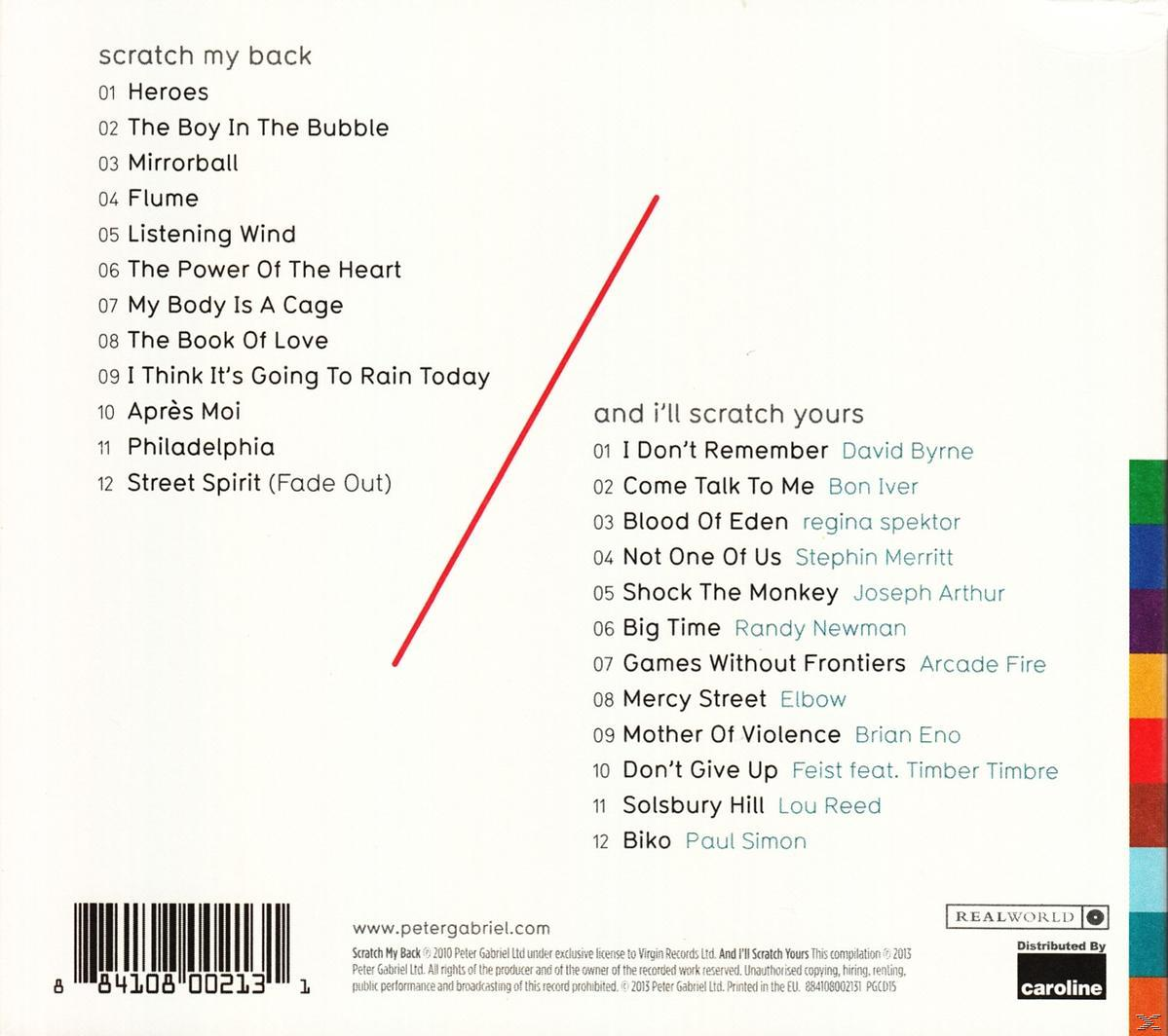 CD-Cover: "scratch my back". Listet 24 Songs auf, mit einer roten Linie diagonal über das Cover.