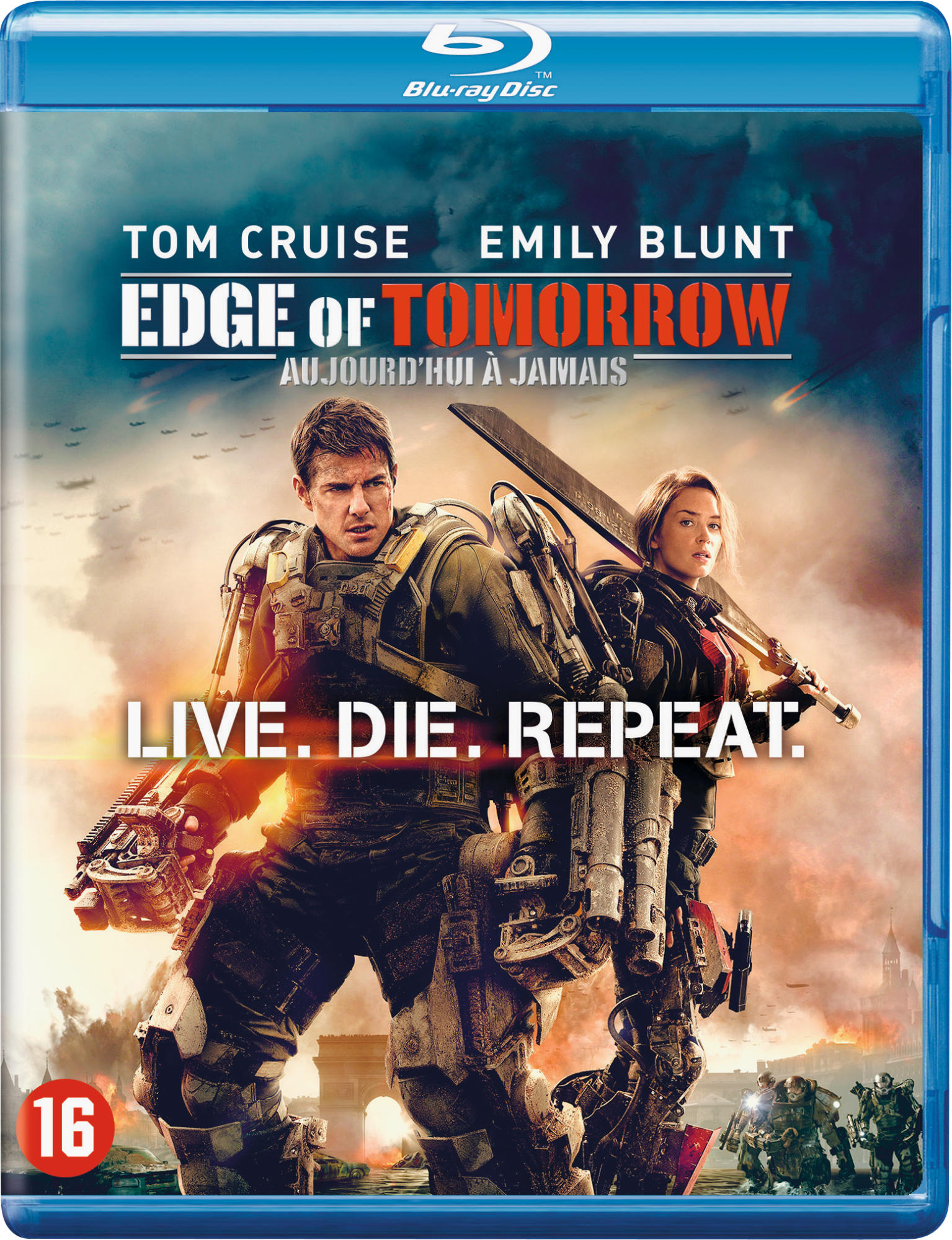 Blu-ray disc cover for 'Edge of Tomorrow' with Tom Cruise and Emily Blunt in action.