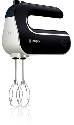Ein schwarz-weißer Handmixer mit zwei Rührbesen, Marke BOSCH.