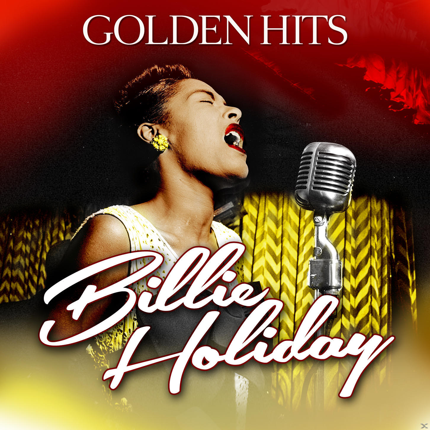 Billie Holiday Albumcover. Frau singt in ein Mikrofon. Titel: Golden Hits.
