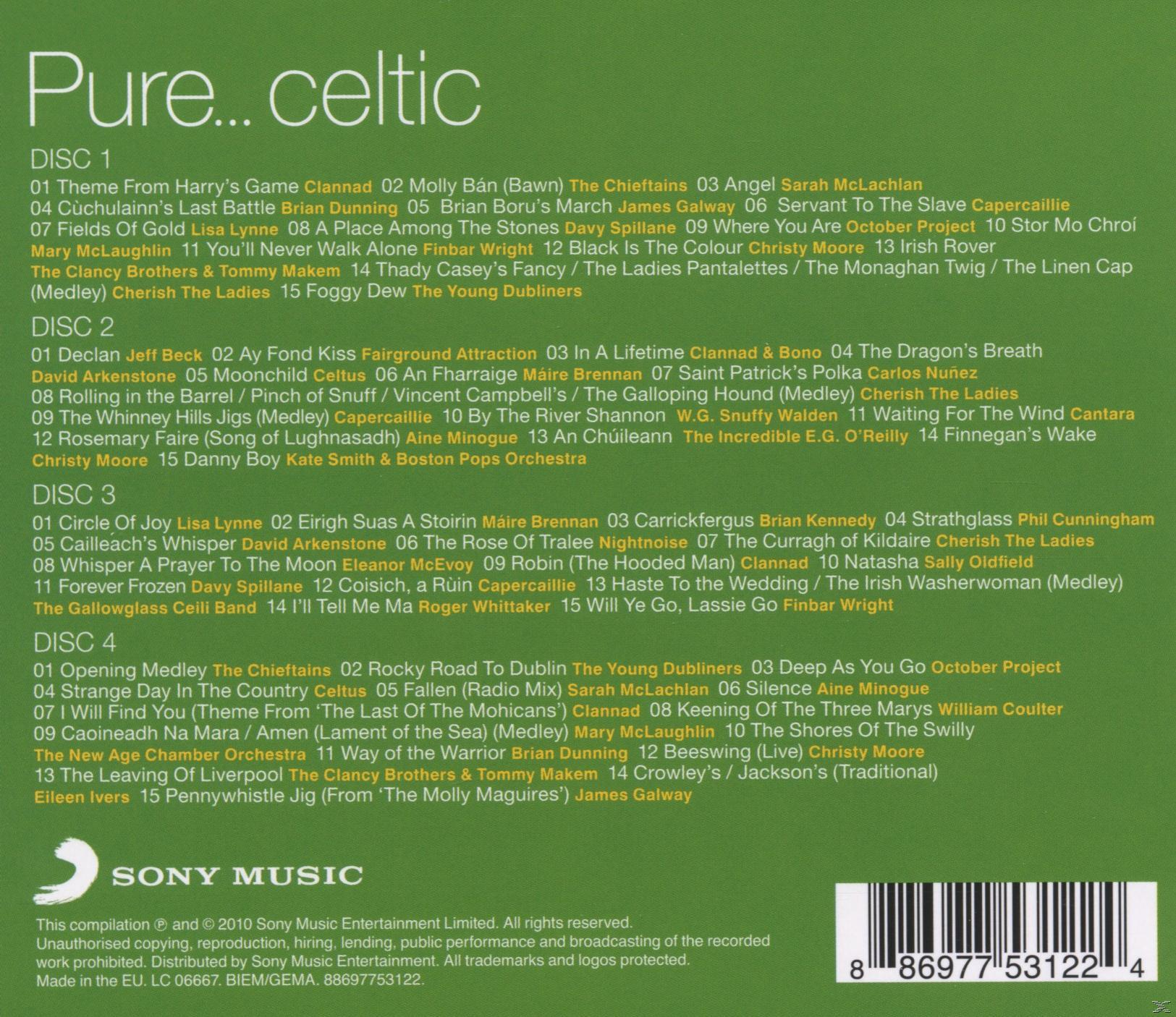 Ein CD-Cover mit Text und einem Sony Music-Logo. Die Worte 'Pure...Celtic' stehen oben.