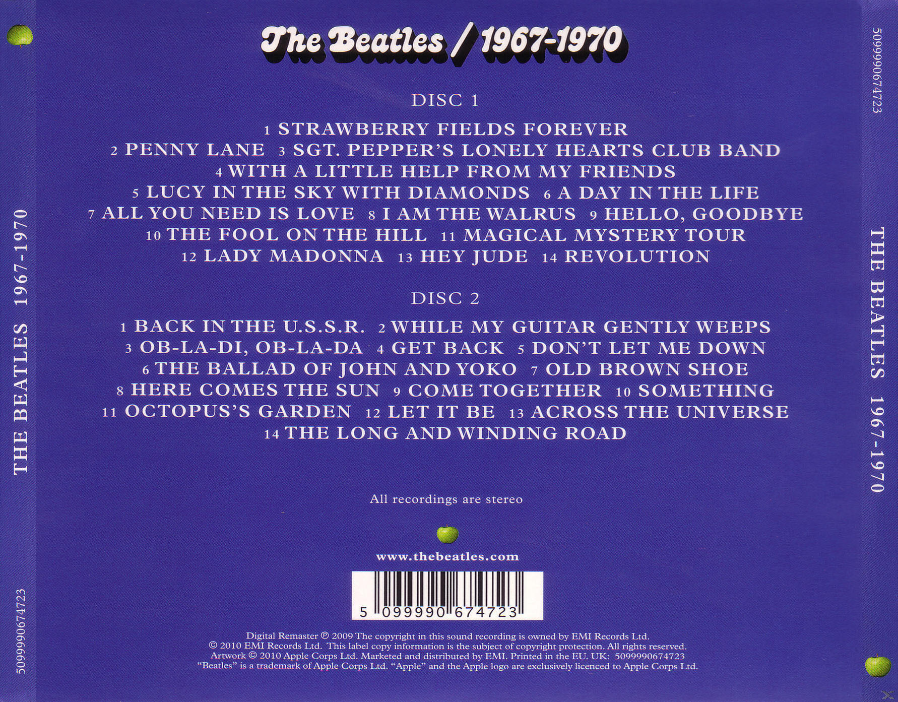 Achterkant van het Beatles 1967-1970 album. Bevat tracklijsten, credits en logo.