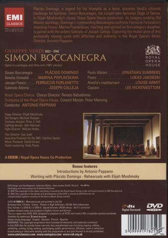 DVD-Cover: Simon Boccanegra von Verdi. Text und Bilder der Oper, mit Besetzung und Credits aufgeführt.