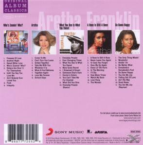 Albumcover mit Aretha Franklin's Albumcovern und Text auf helllila Hintergrund.