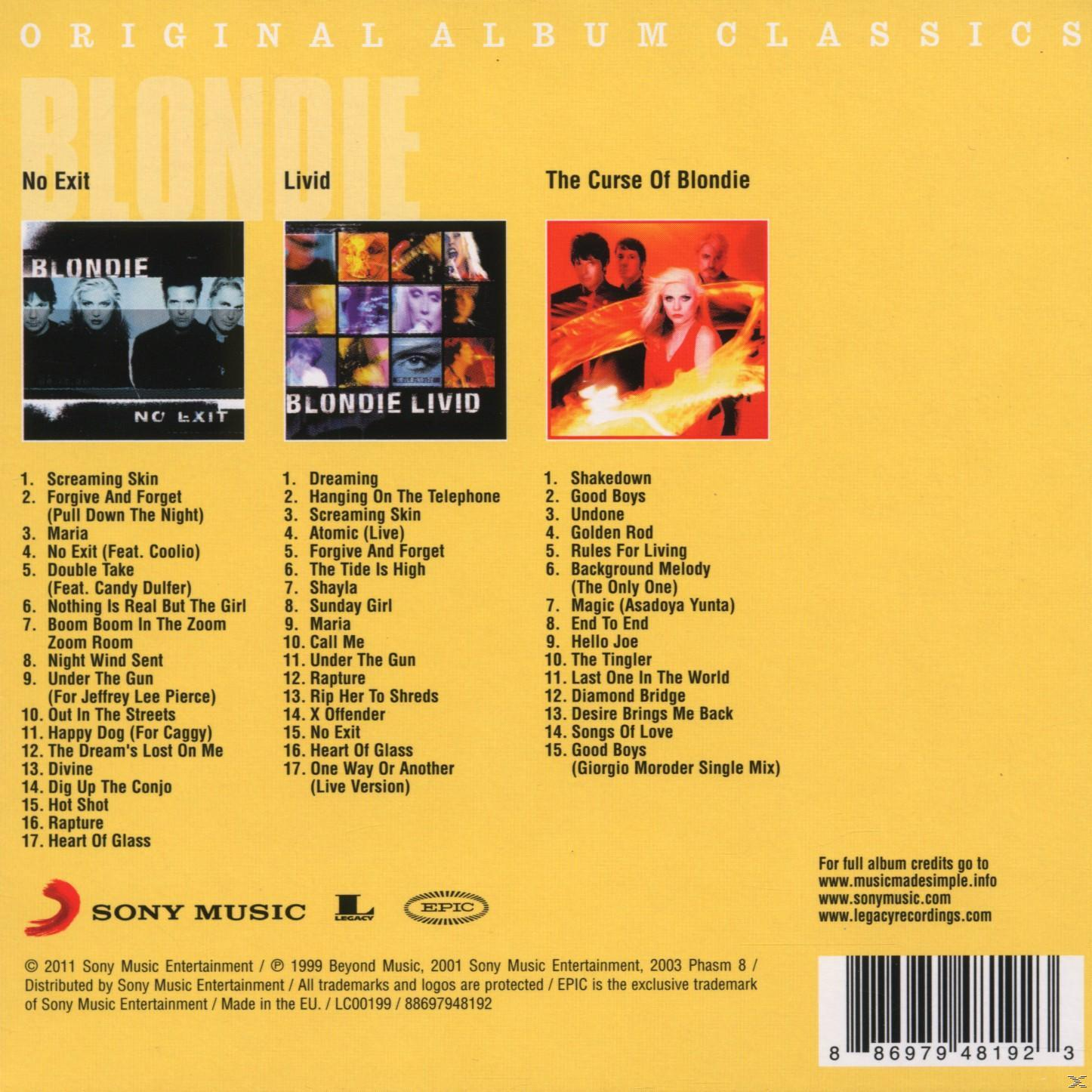 Album-Rückseite. Mehrere Albumcover und Titellisten. Blond und Albumtitel links. Barcode.