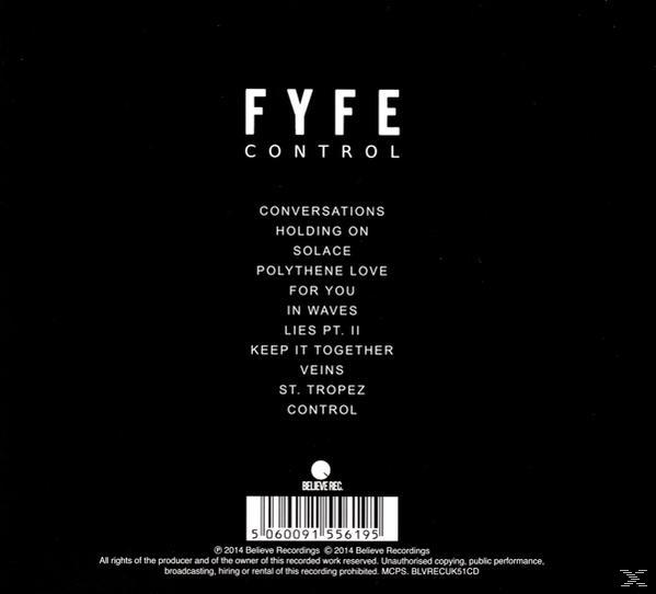 CD hátlap a számok listájával és a címkével. Fekete háttér fehér szöveggel. FYFE 'Control'.