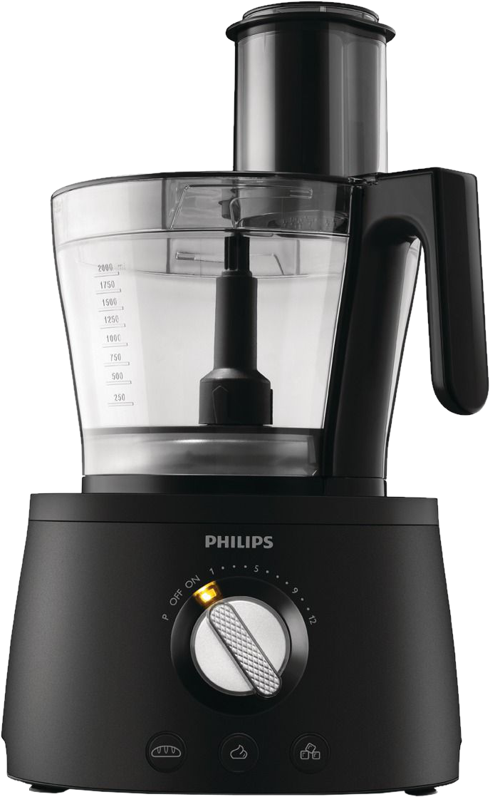 Fekete Philips konyhai robotgép. Van egy edénye, amelyen oldalt mérések vannak. A tárcsa az alsó elülső részen található.