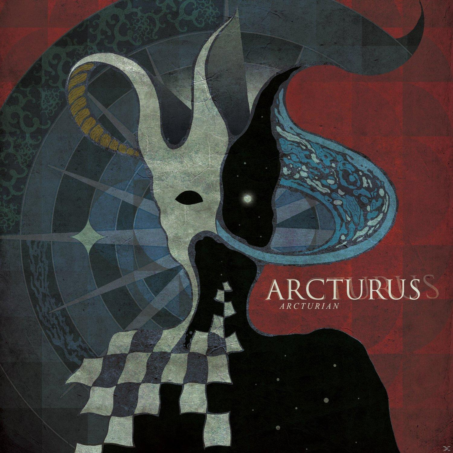 Abstrakte Albumkunst mit stilisiertem Gesicht, geometrischen Mustern und dem Bandnamen "Arcturus" in Rot.