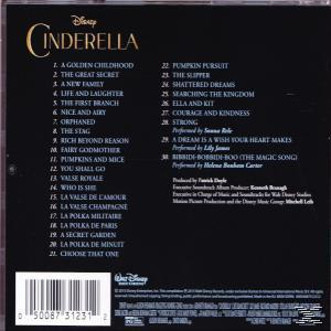 CD-Rückseite für Cinderella. Listet Songs auf. Das Disney-Logo ist sichtbar. Der Barcode wird ebenfalls angezeigt.