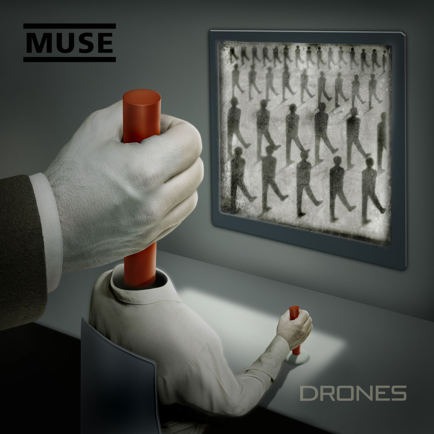 Albumcover mit Hand, die rotes Objekt über kopflosem Mann hält. Bildschirm zeigt Menschen.