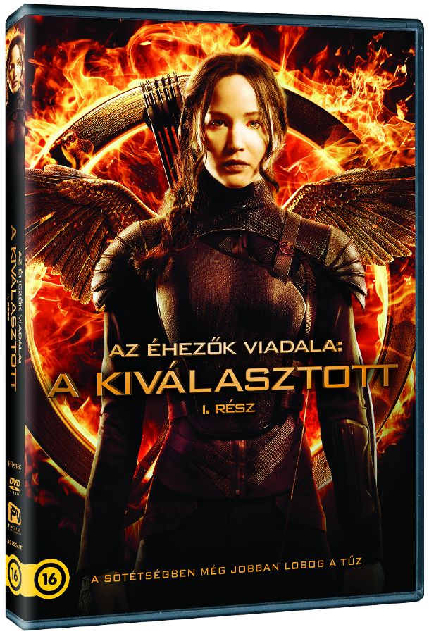 DVD-borító. Jennifer Lawrence sötét ruhában. Szöveg: Az éhezők viadala, magyarul.