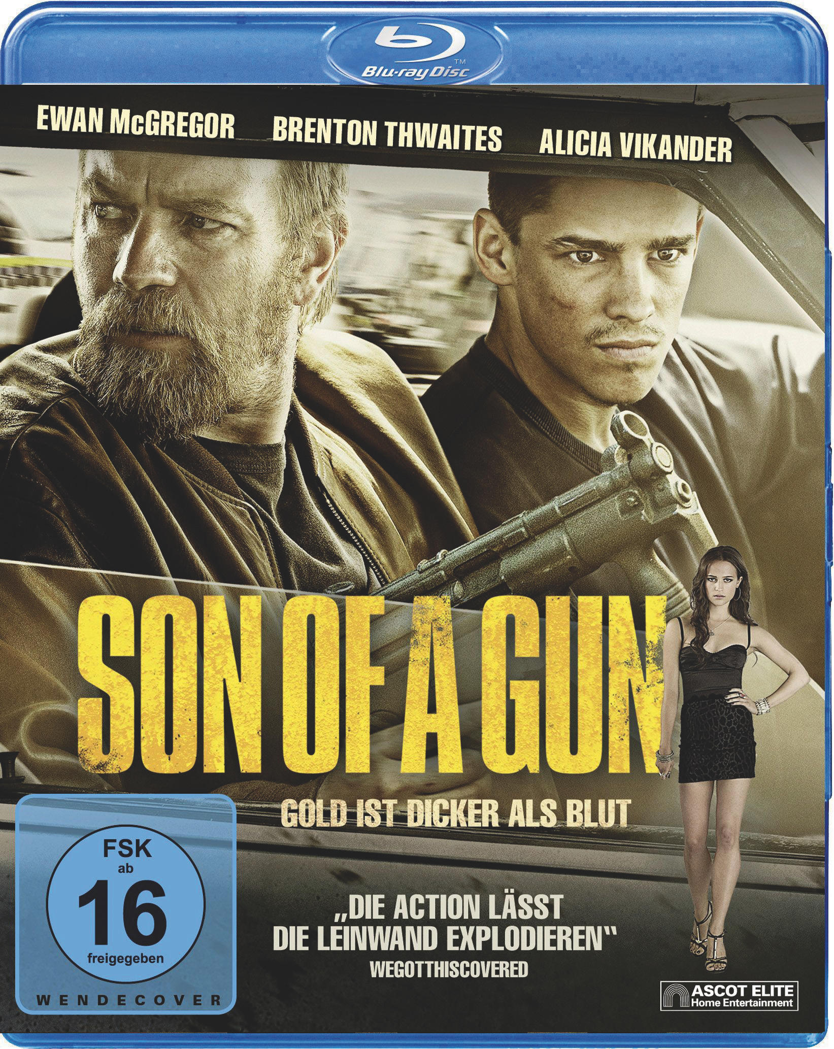 Blu-ray-Cover für 'Son of a Gun' mit den Schauspielern Ewan McGregor, Brenton Thwaites und Alicia Vikander.