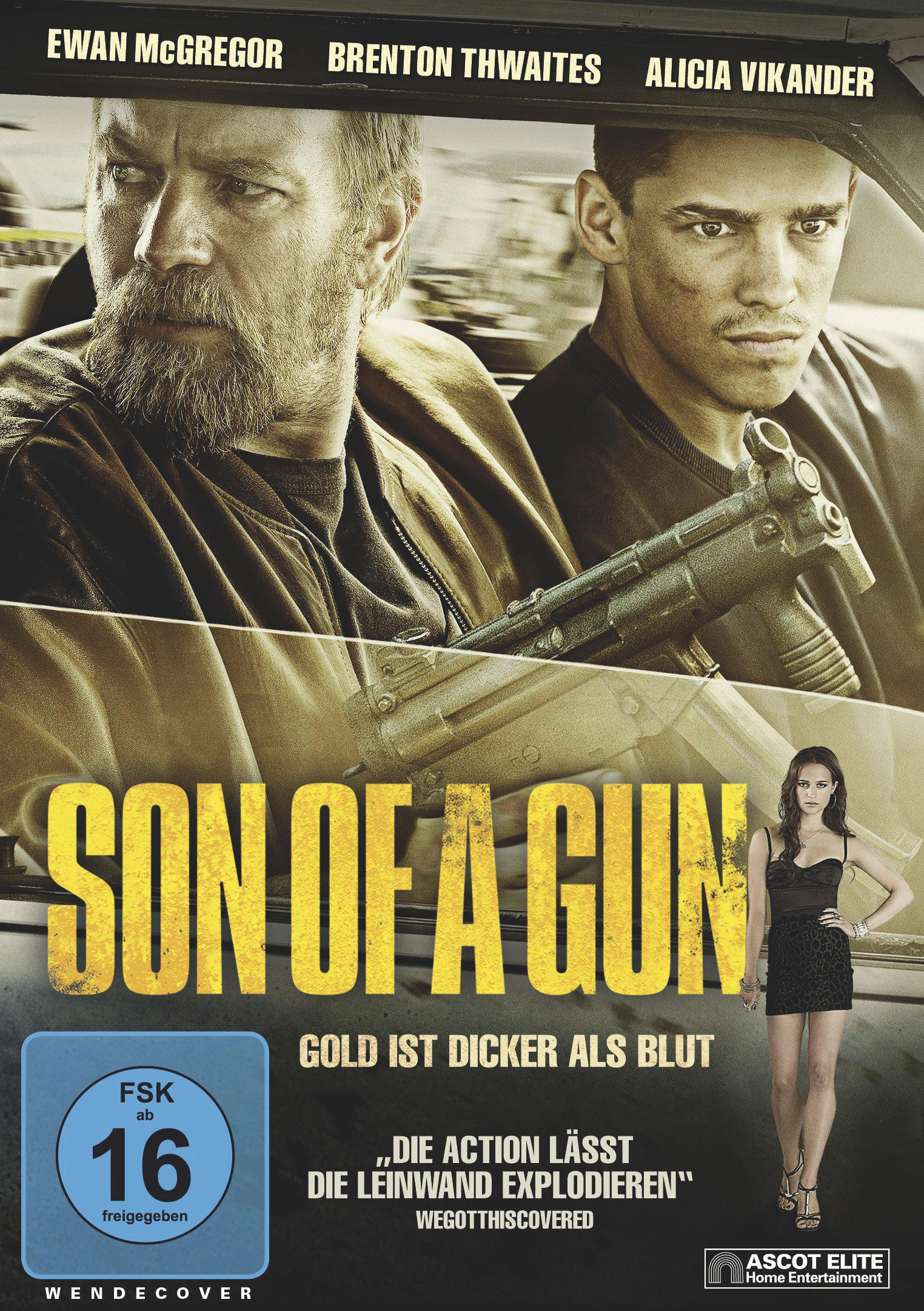 Filmcover mit Ewan McGregor und einem anderen Mann in einem Auto, einer Frau rechts und dem Titel Son of a Gun.