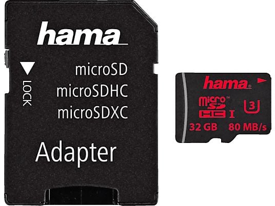 HAMA 123981 UHS-I CL3 +AD - Micro-SDHC-Cartes mémoire  (32 GB, 80 MB/s, Noir)