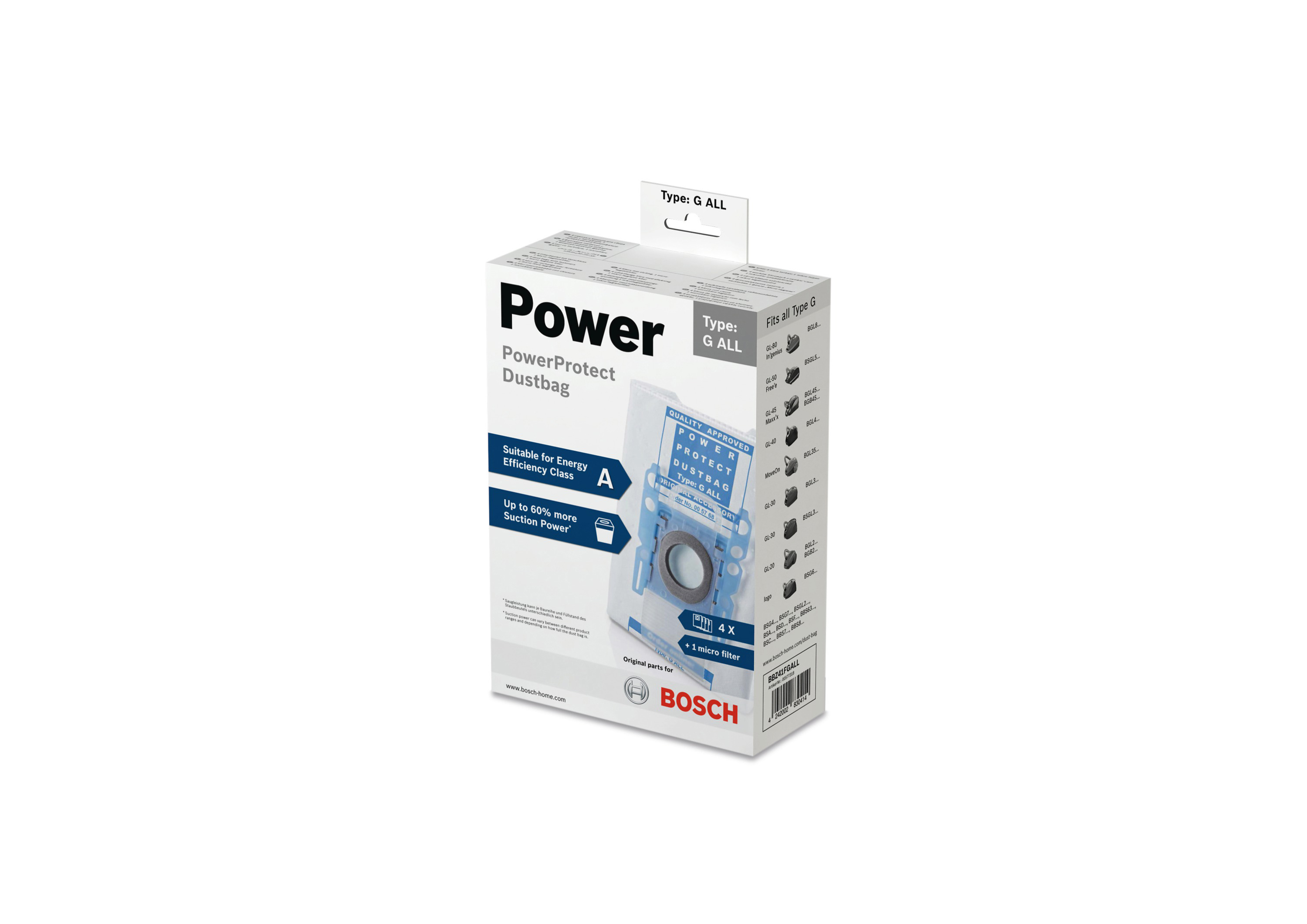 Weiße und blaue Bosch PowerProtect Staubbeutelbox. Text und Bilder werden angezeigt.