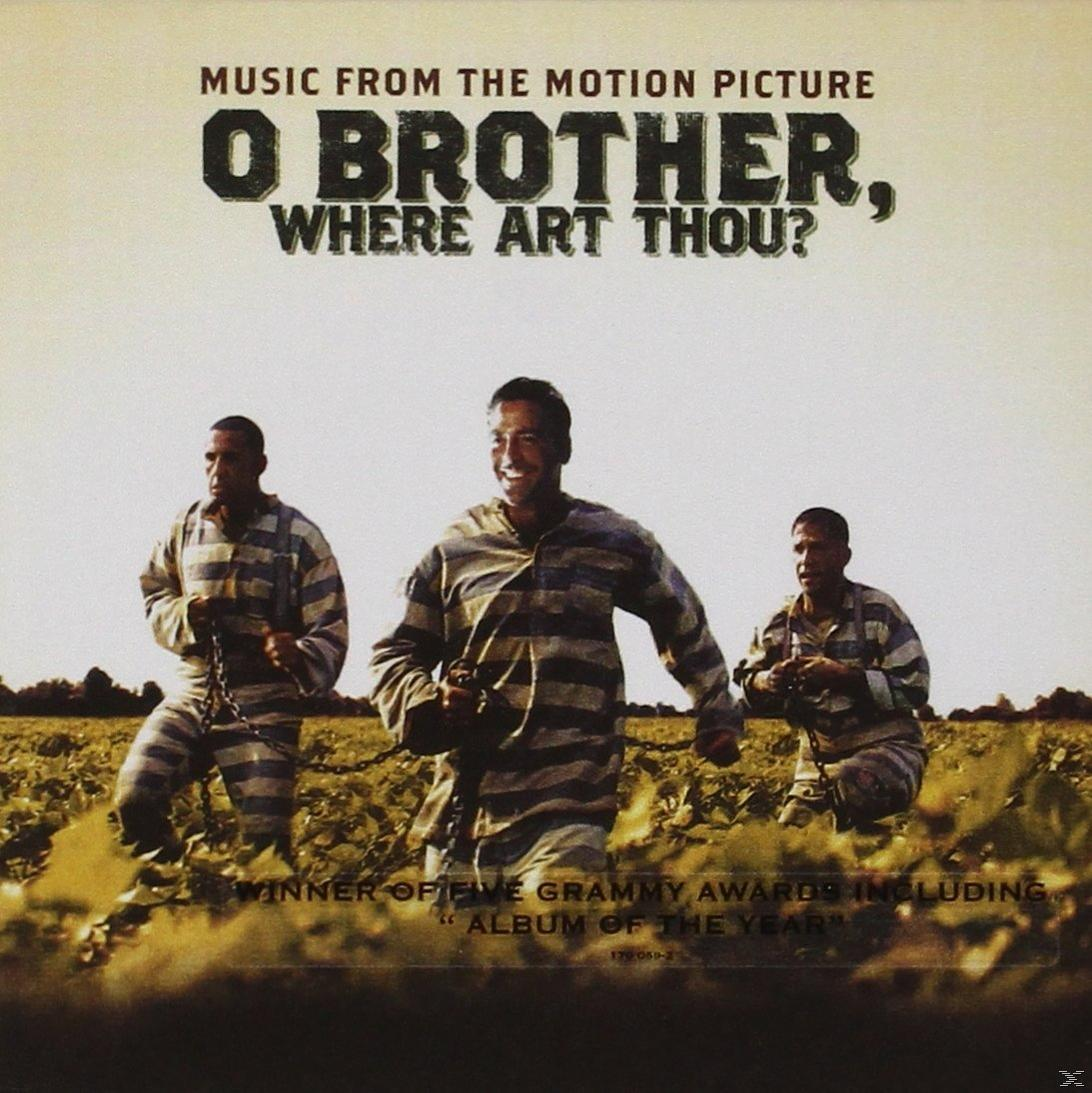 Albumcover für O Brother, Where Art Thou? Drei Männer in gestreiften Gefängnisuniformen auf einem Feld.