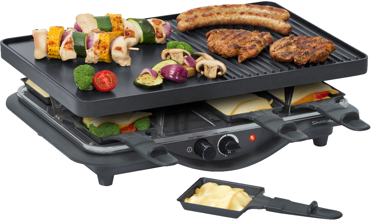 Egy modern raclette grill, különféle ételekkel, mint zöldségek és kolbász.