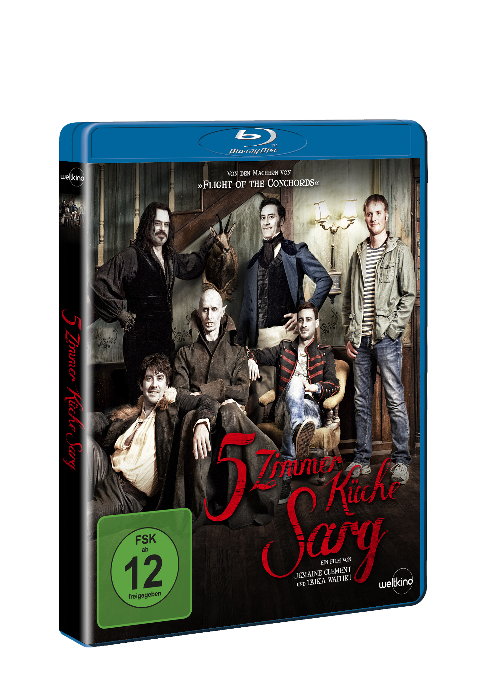 Blu-ray-Hülle für den Film What We Do in the Shadows, mit einer Gruppe von Männern in Kostümen.