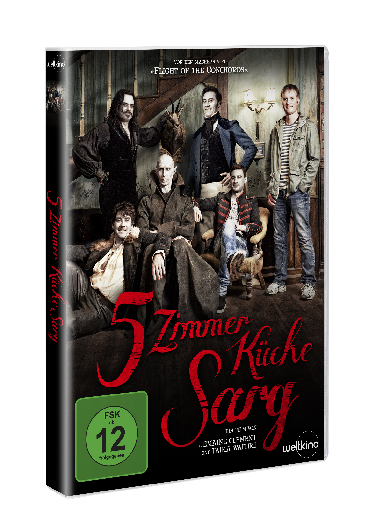 DVD-Cover. Sechs Personen posieren in einem Wohnzimmer. Roter Titeltext.