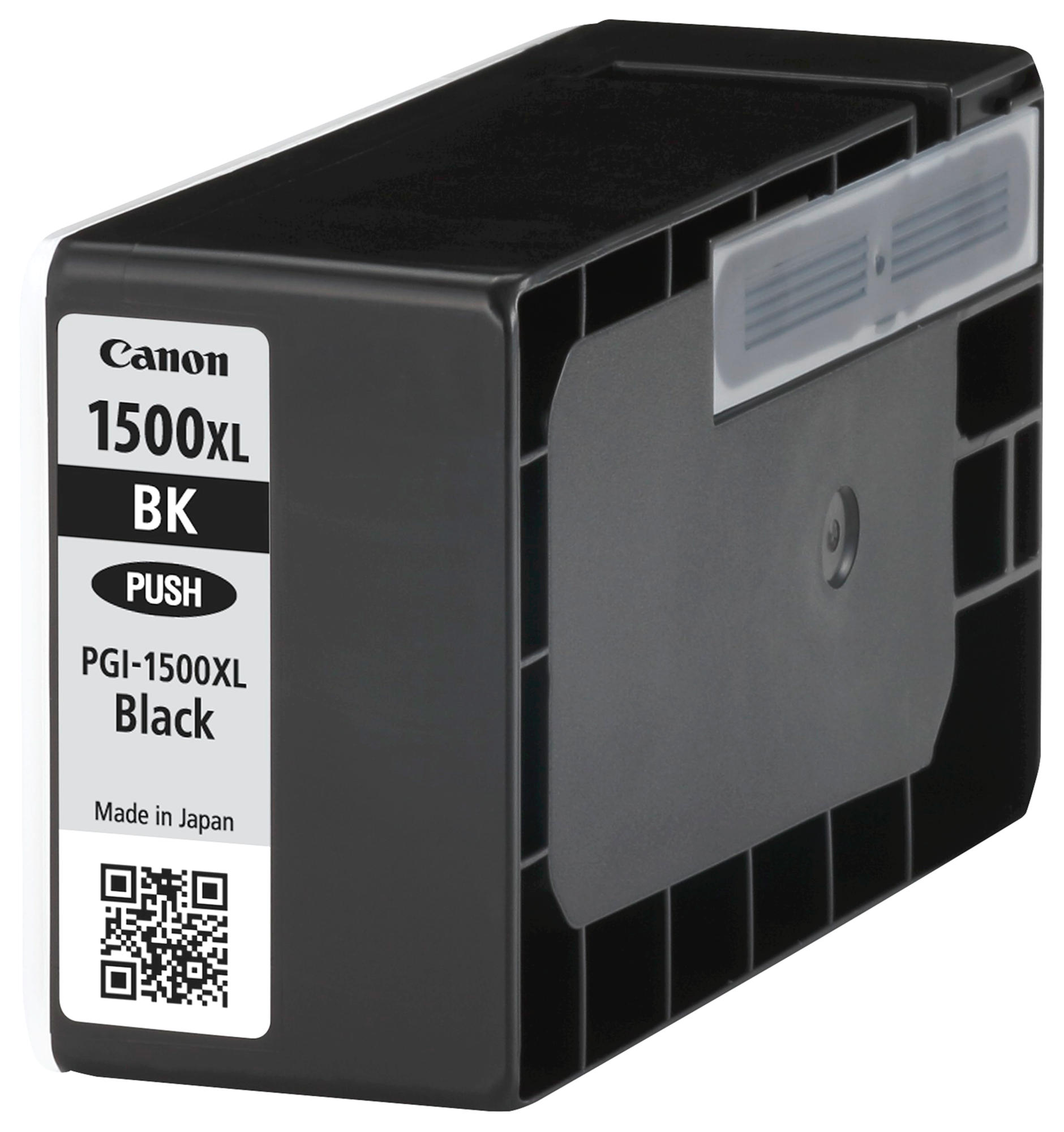 Eine schwarze Canon 1500XL BK Tintenpatrone mit weißem Etikett und QR-Code.