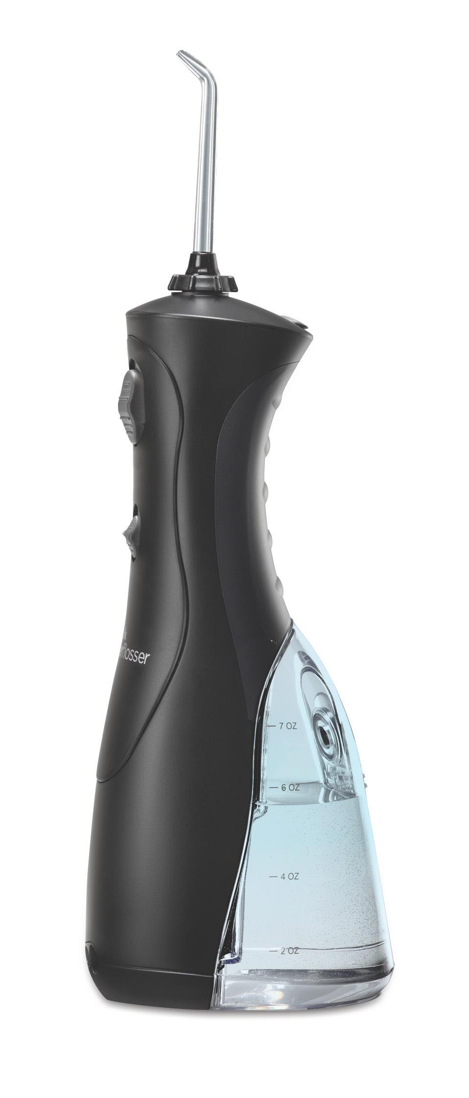 Black water flosser with a transparent water reservoir, buttons, and a nozzle.