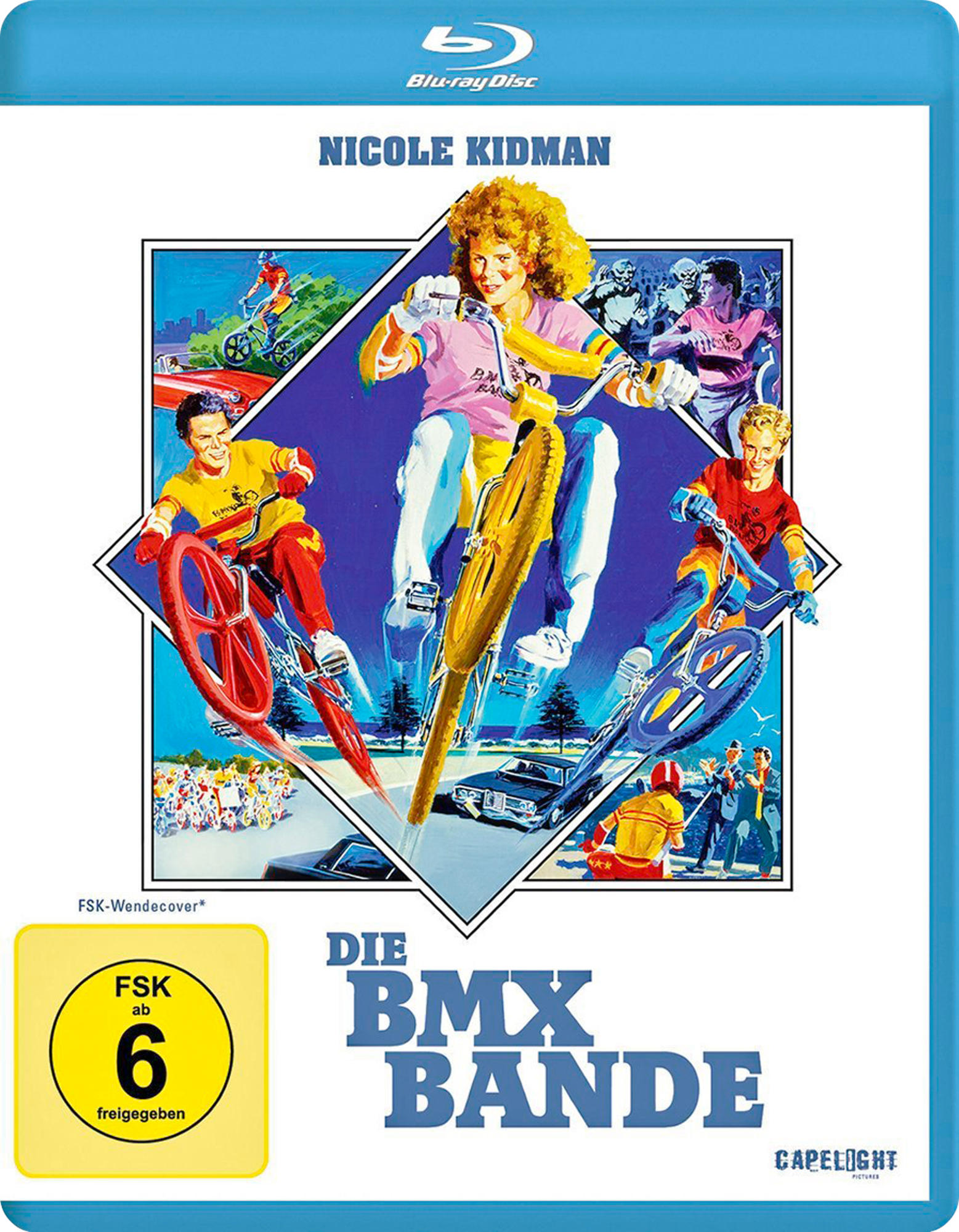 Blu-ray-Cover mit drei Radfahrern auf Fahrrädern und einer Frau, mit grünem und blauem Farbschema.