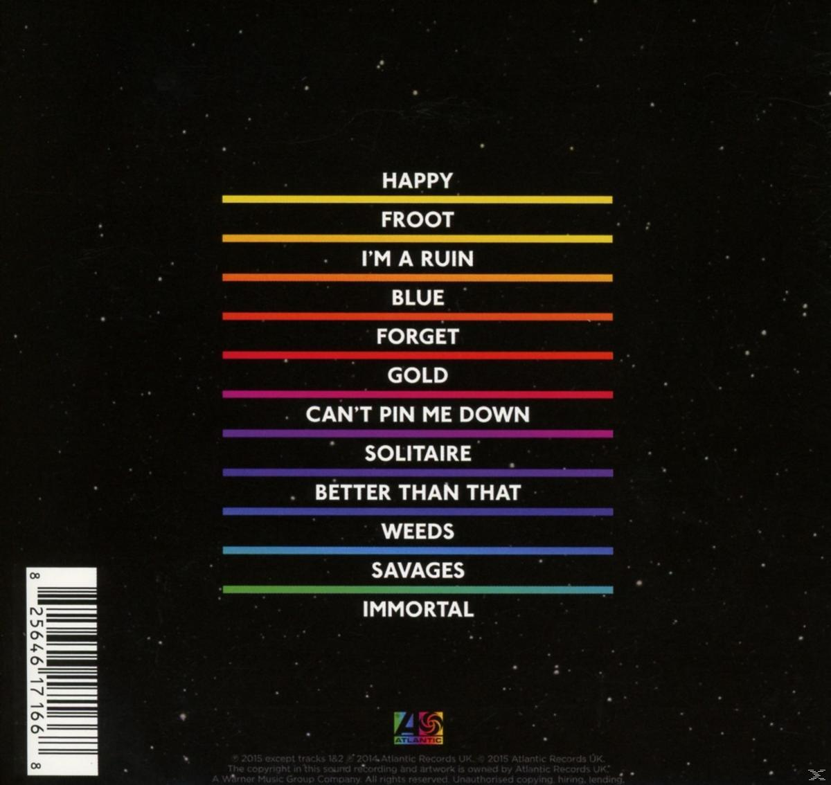 Albumcover mit Titelliste. Regenbogenfarbene Balken und schwarzer Hintergrund.