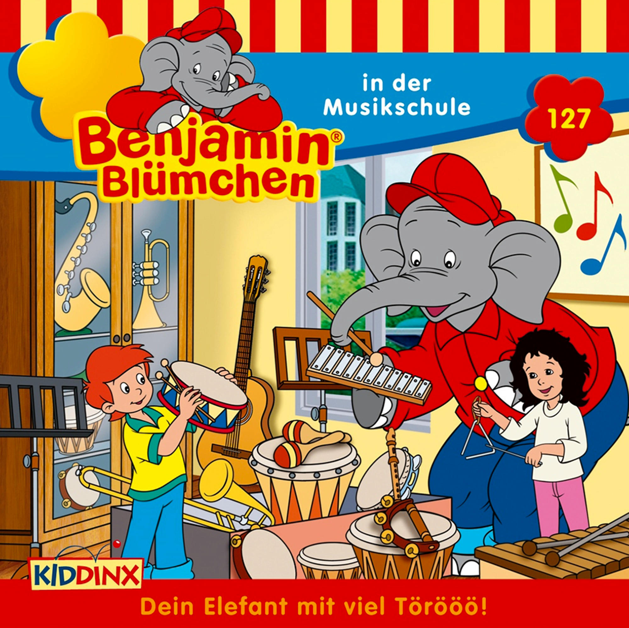 Elefanten-Cartoon in roter Jacke, spielt Instrumente mit einem Jungen und einem Mädchen in der Musikschule.