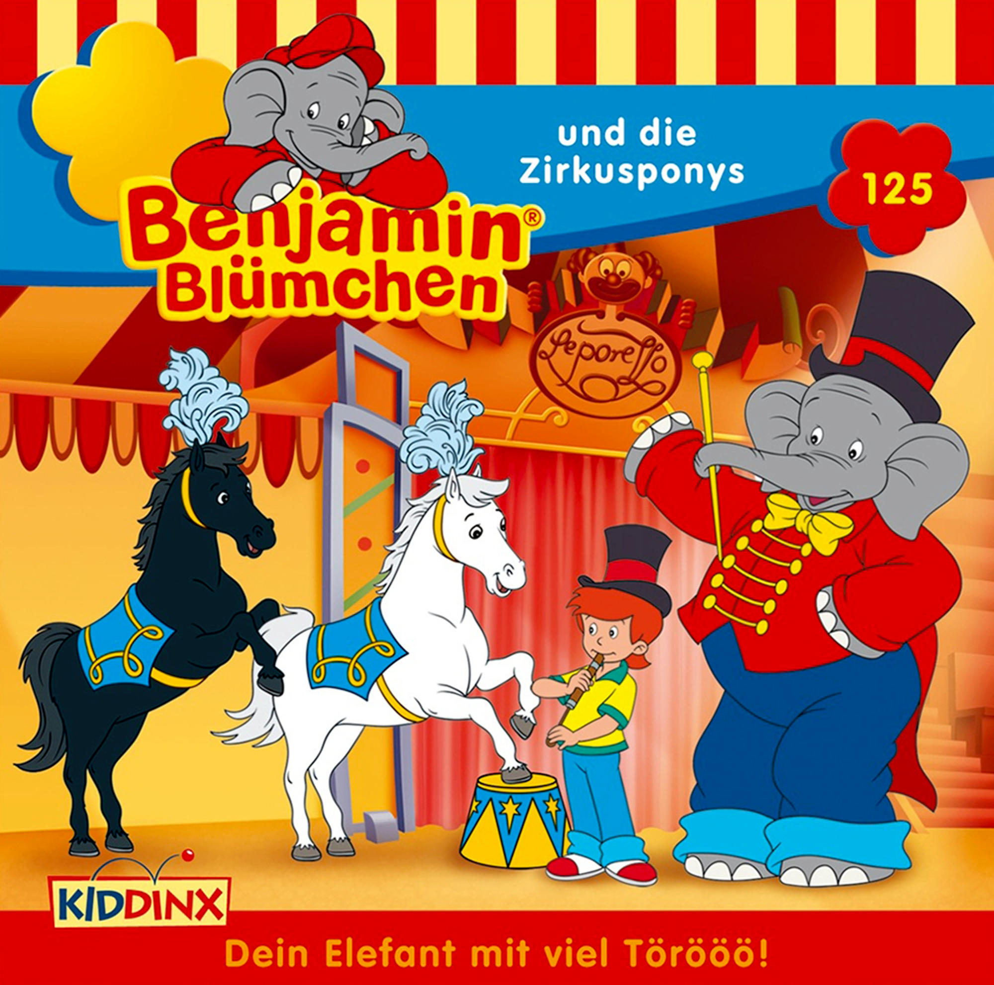 Kinderbuchcover. Ein Elefant und zwei Ponys stehen vor einem Zirkuszelt. Ein Junge steht in der Mitte.