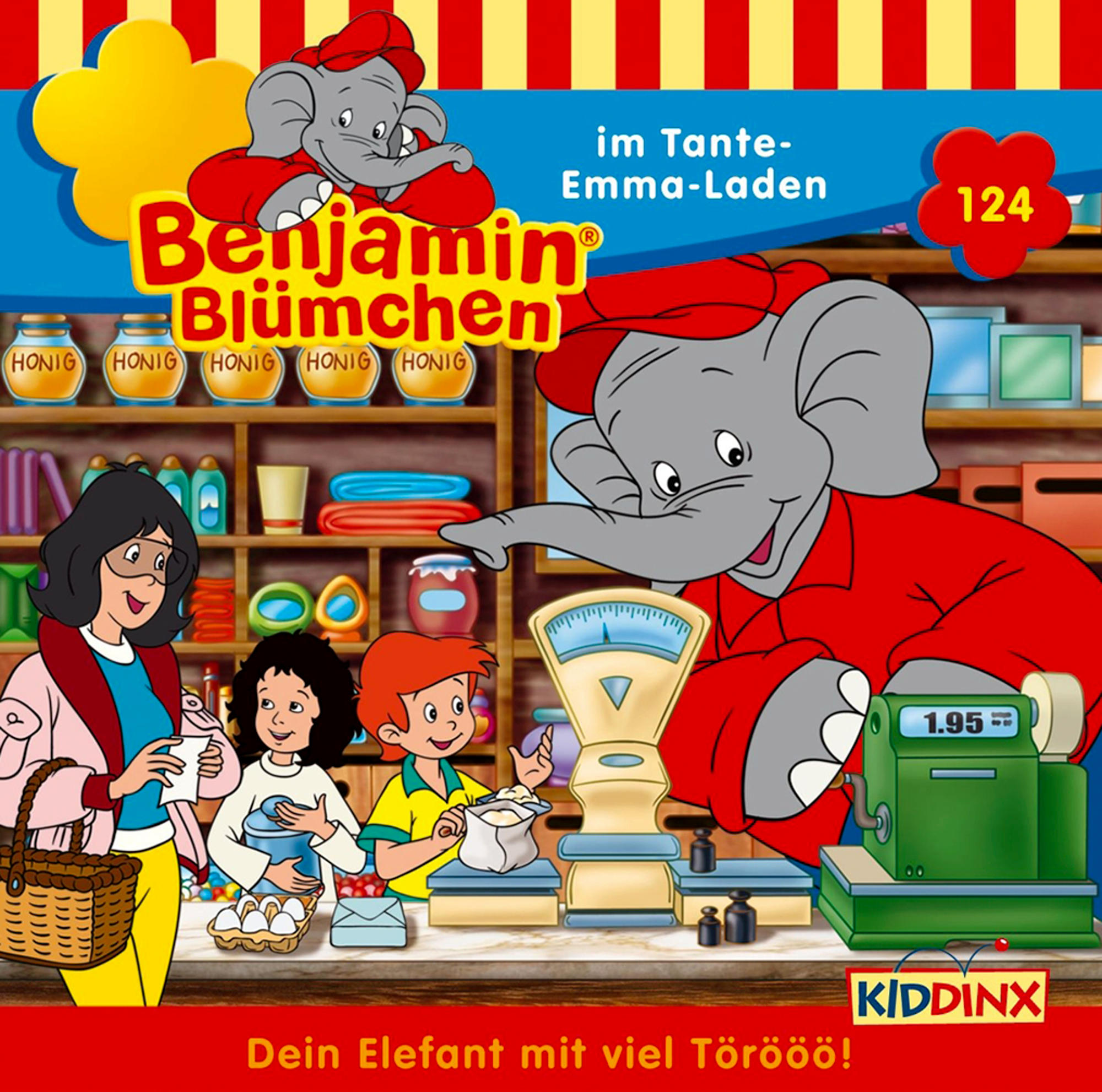 Cartoon-Cover eines Benjamin Blümchen-Buches. Ein Elefant ist mit Leuten in einem Laden.