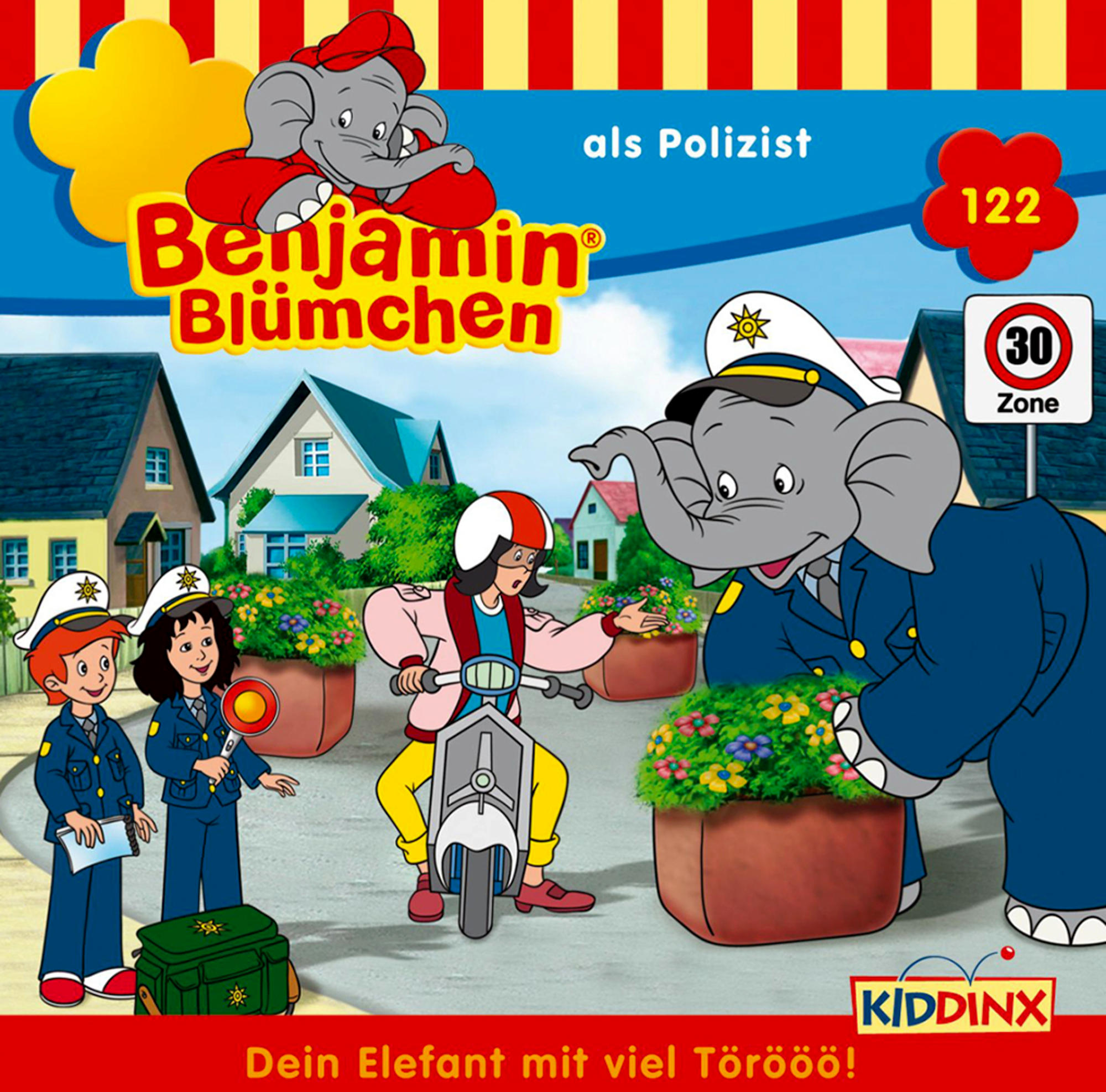 Titelbild des Benjamin Blümchen Comics: Elefant in Polizeiuniform, Mädchen auf Roller, andere Kinder und ein Schild.