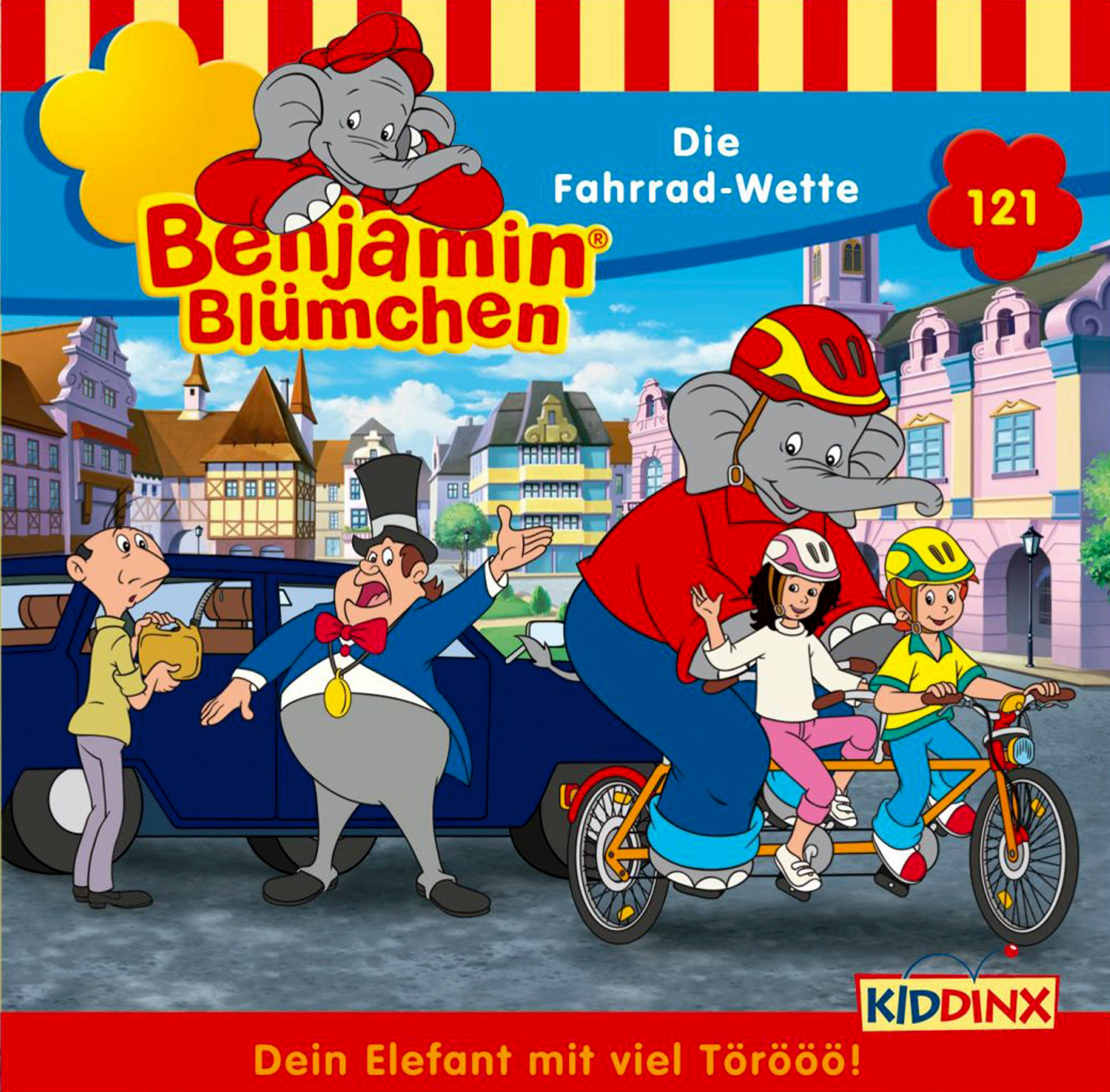 Cover-Art eines Cartoons. Ein Elefant fährt mit zwei Kindern Fahrrad. Text: Benjamin Blümchen. Das Rennen.