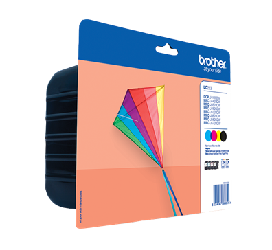 Verpakking van printerinktcartridges: een veelkleurige vlieger op een oranje achtergrond.