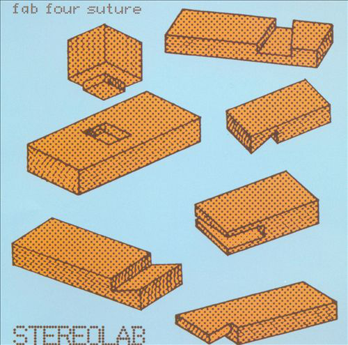 Geometrikus diagram narancssárga formákkal, kék háttérrel, valamint a 'fab four suture' és a 'stereolab' szöveggel.