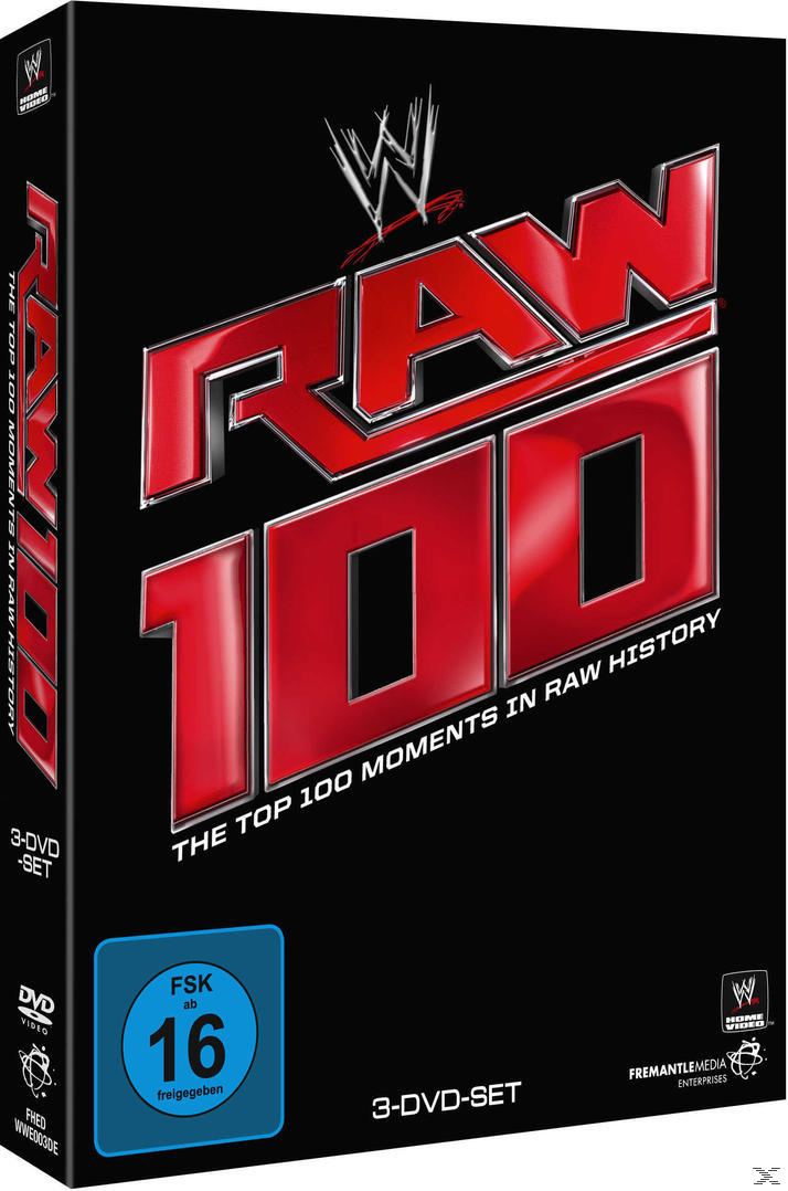 WWE RAW 100 DVD-Set. Schwarze Box mit rotem RAW 100 Logo. Die Top 100 Momente in der Raw-Geschichte.