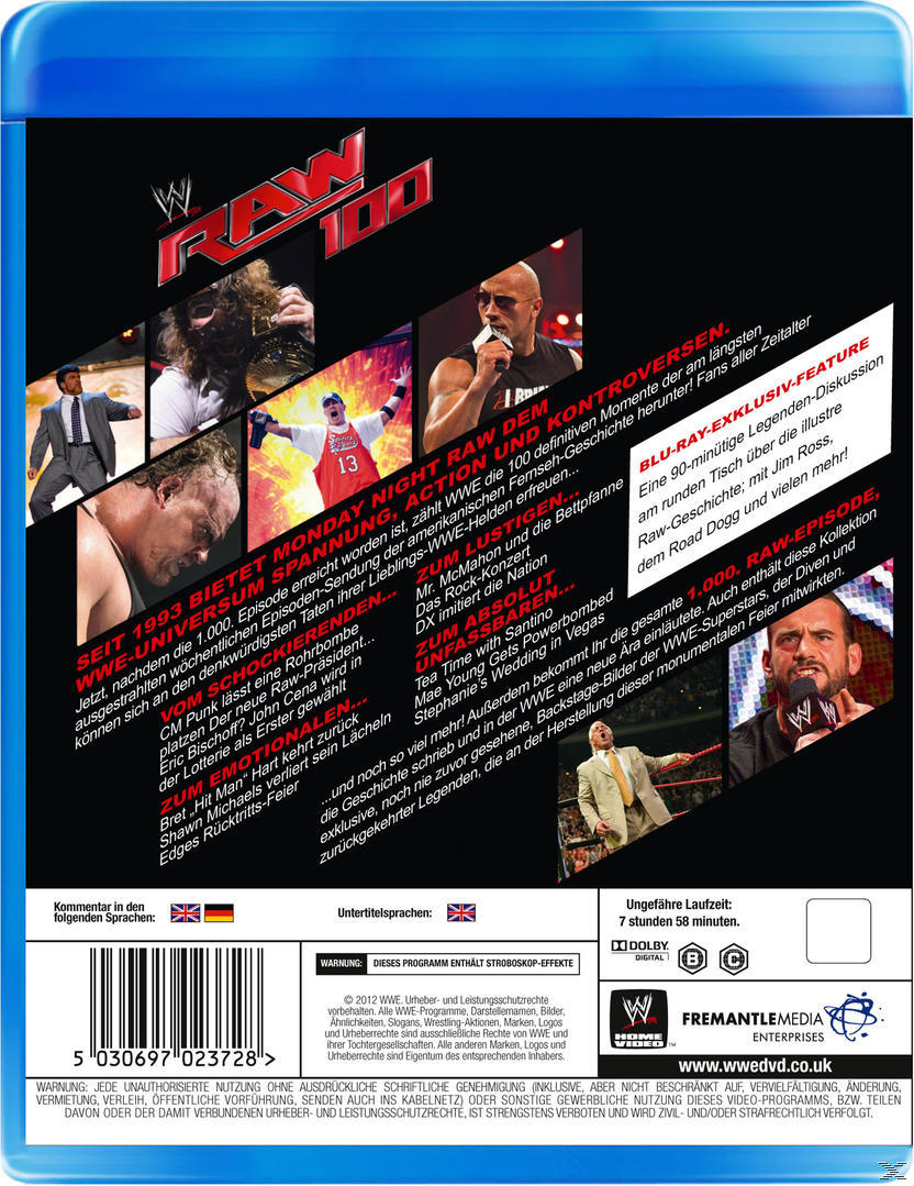 DVD-Cover der 100. WWE Raw-Episode. Bilder von Wrestlern sind zu sehen.