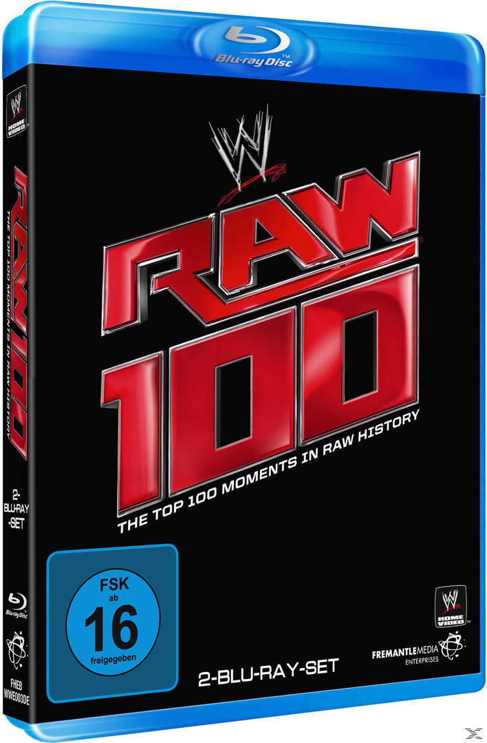 Blu-ray-Hülle mit rotem und schwarzem Design. Die Worte 'RAW 100' sind prominent dargestellt, mit WWE-Logo.