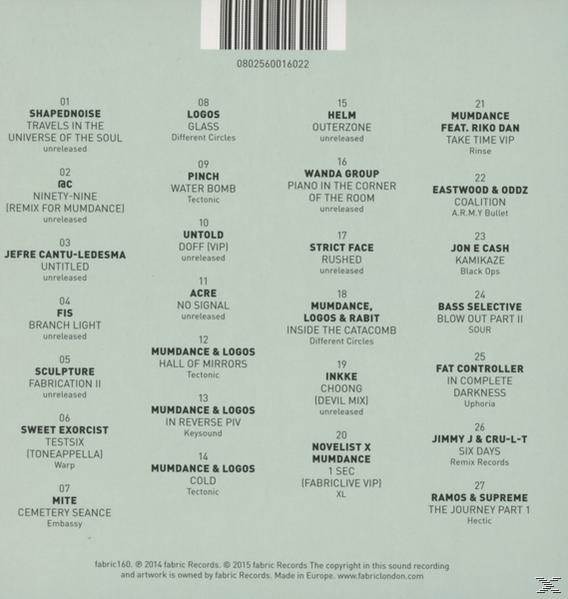 Ein CD-Cover mit Titellisten; weißer Hintergrund, schwarzer Text und ein Barcode oben.