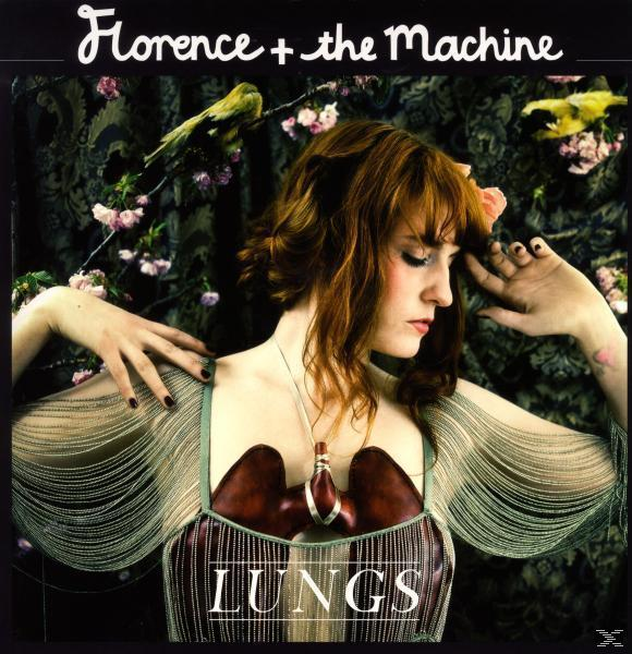 Albumcover mit einer Frau in einem einzigartigen Kleid. Der Künstler ist Florence + the Machine. Text lautet "LUNGS".