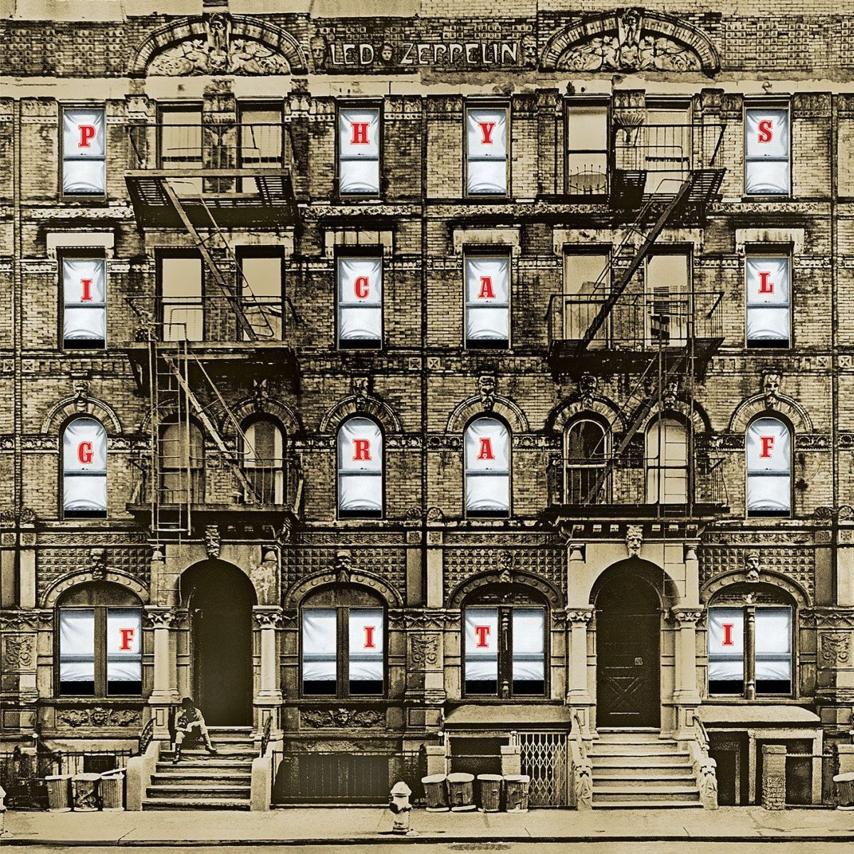 Led Zeppelin albumhoes: een bakstenen gebouw met ramen met de naam van de band en de albumtitel.