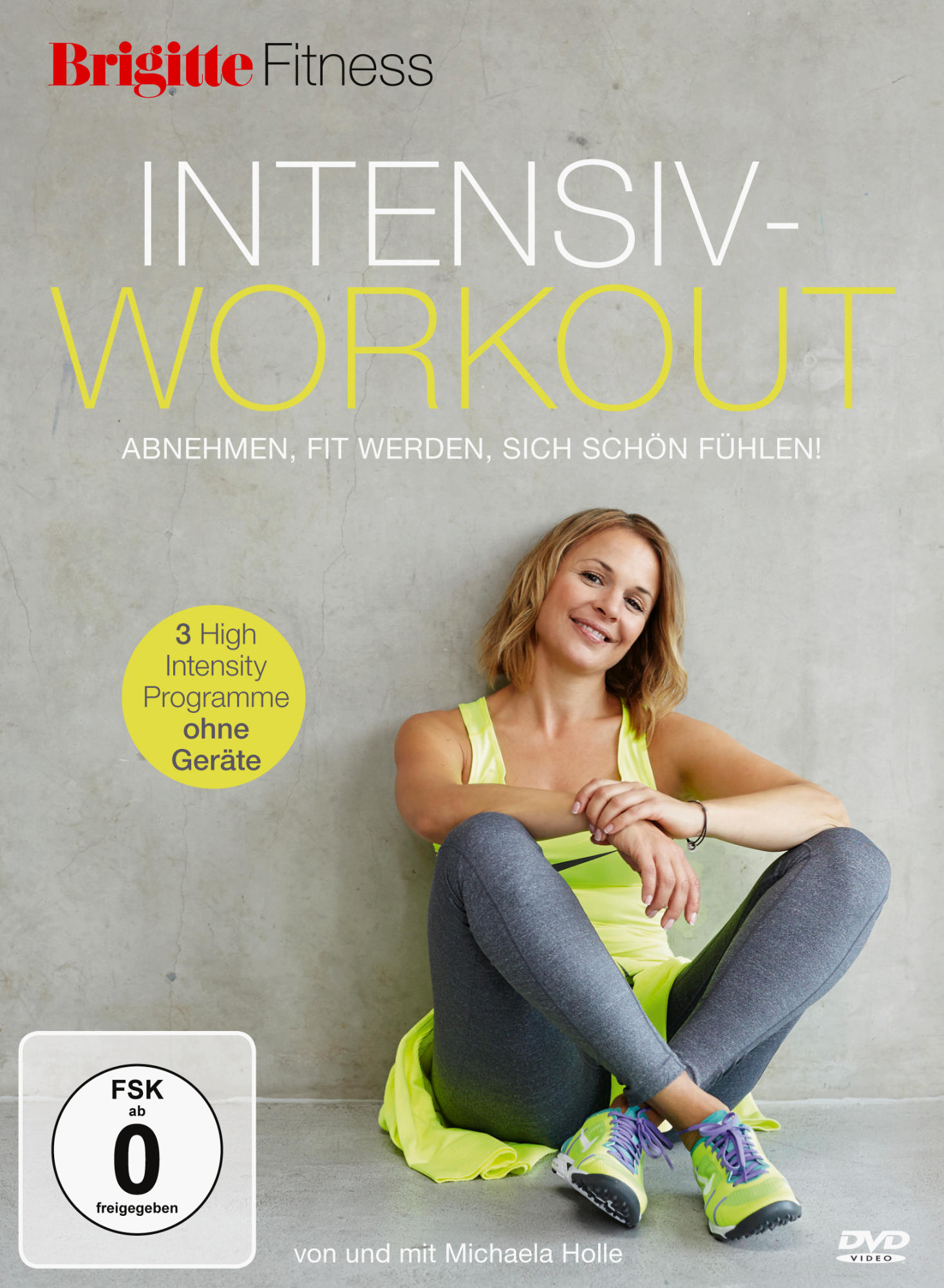 DVD-Cover für Fitness. Frau in Trainingskleidung sitzt. Text: 'Intensiv-Workout'. Grauer Hintergrund.