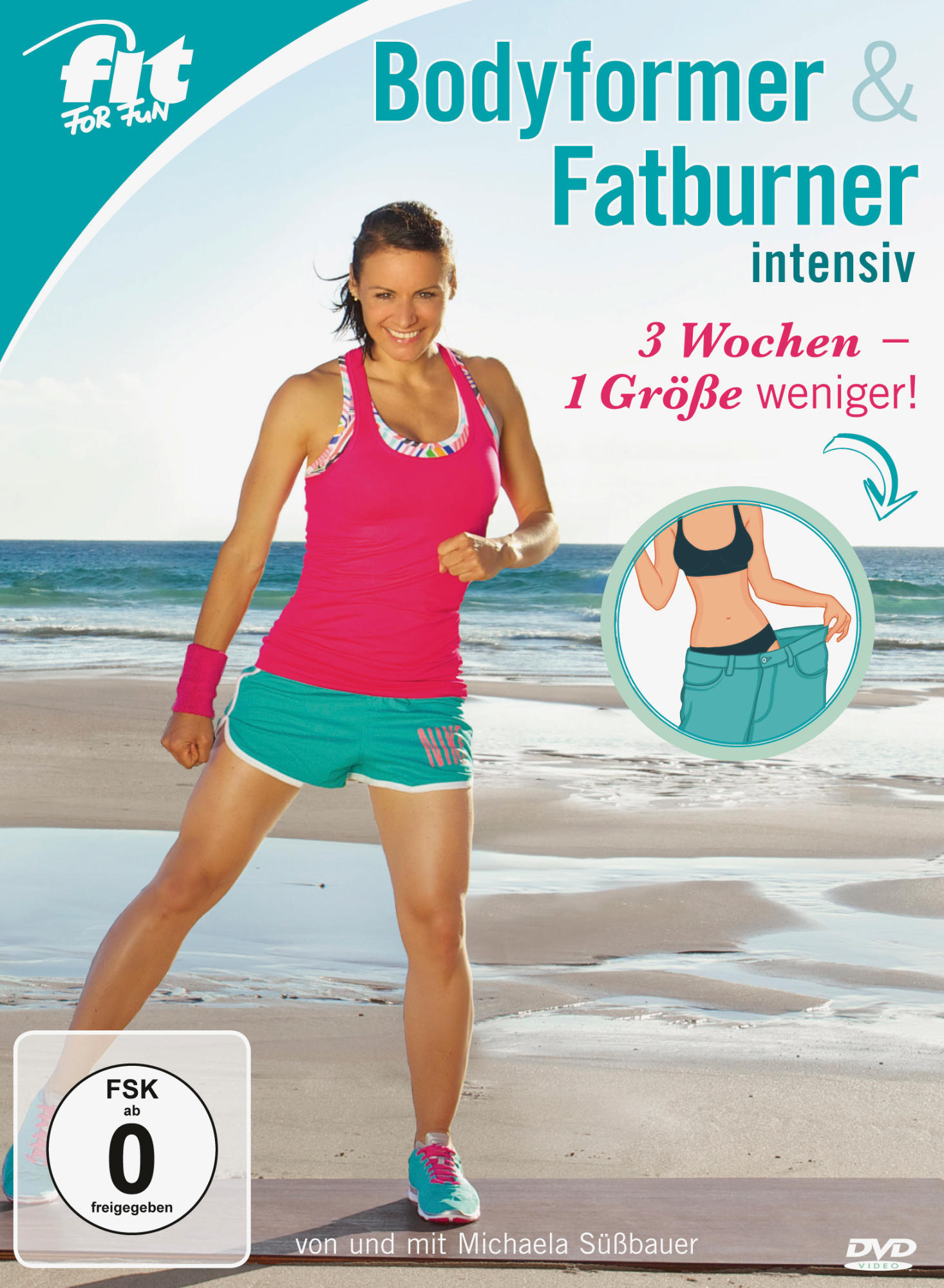 Frau in Sportkleidung lächelt. Text oben lautet 'Bodyformer & Fatburner'. Grafik zeigt schlankere Jeans.
