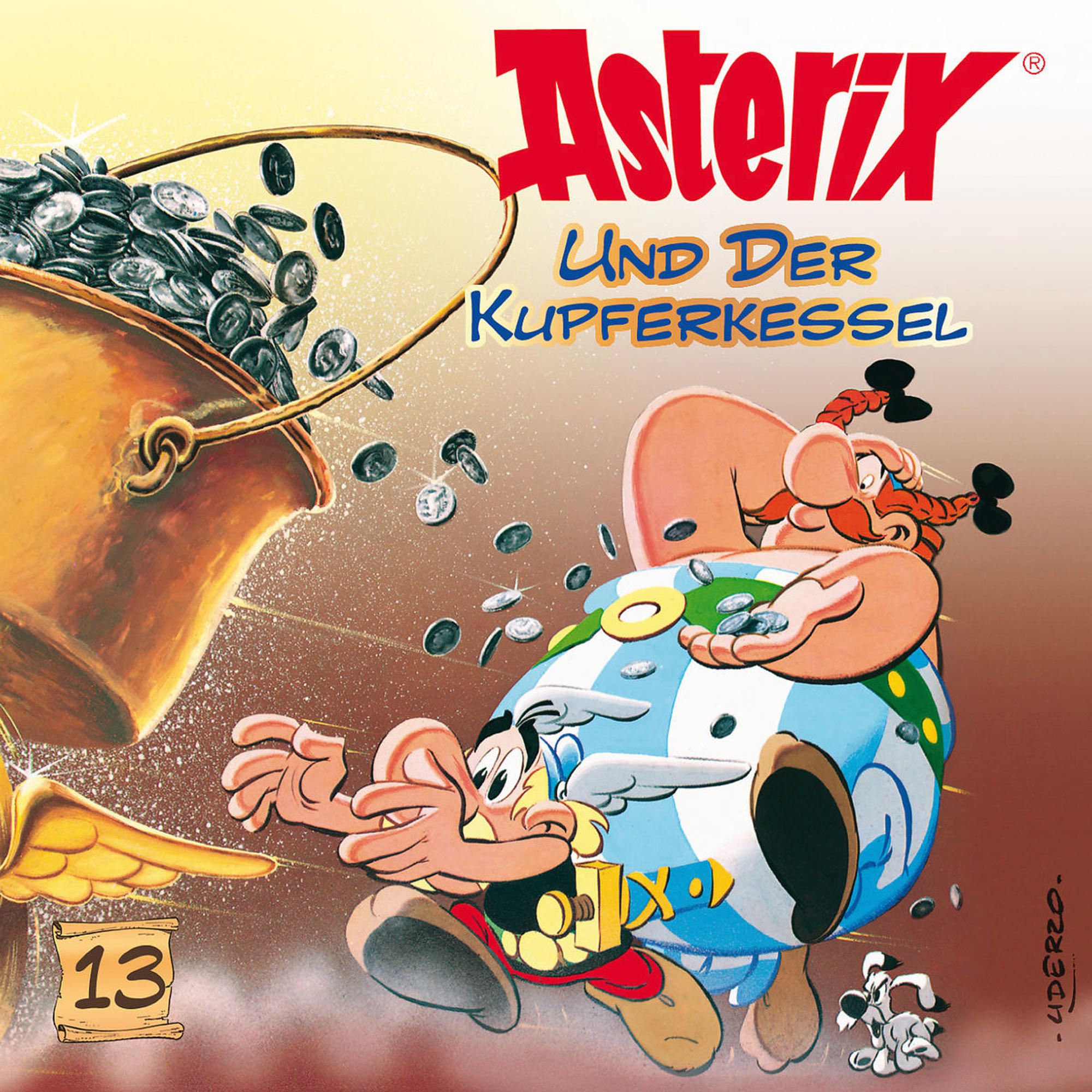 Asterix Comic-Cover. Asterix, Obelix und Münzen fallen in einen Topf.