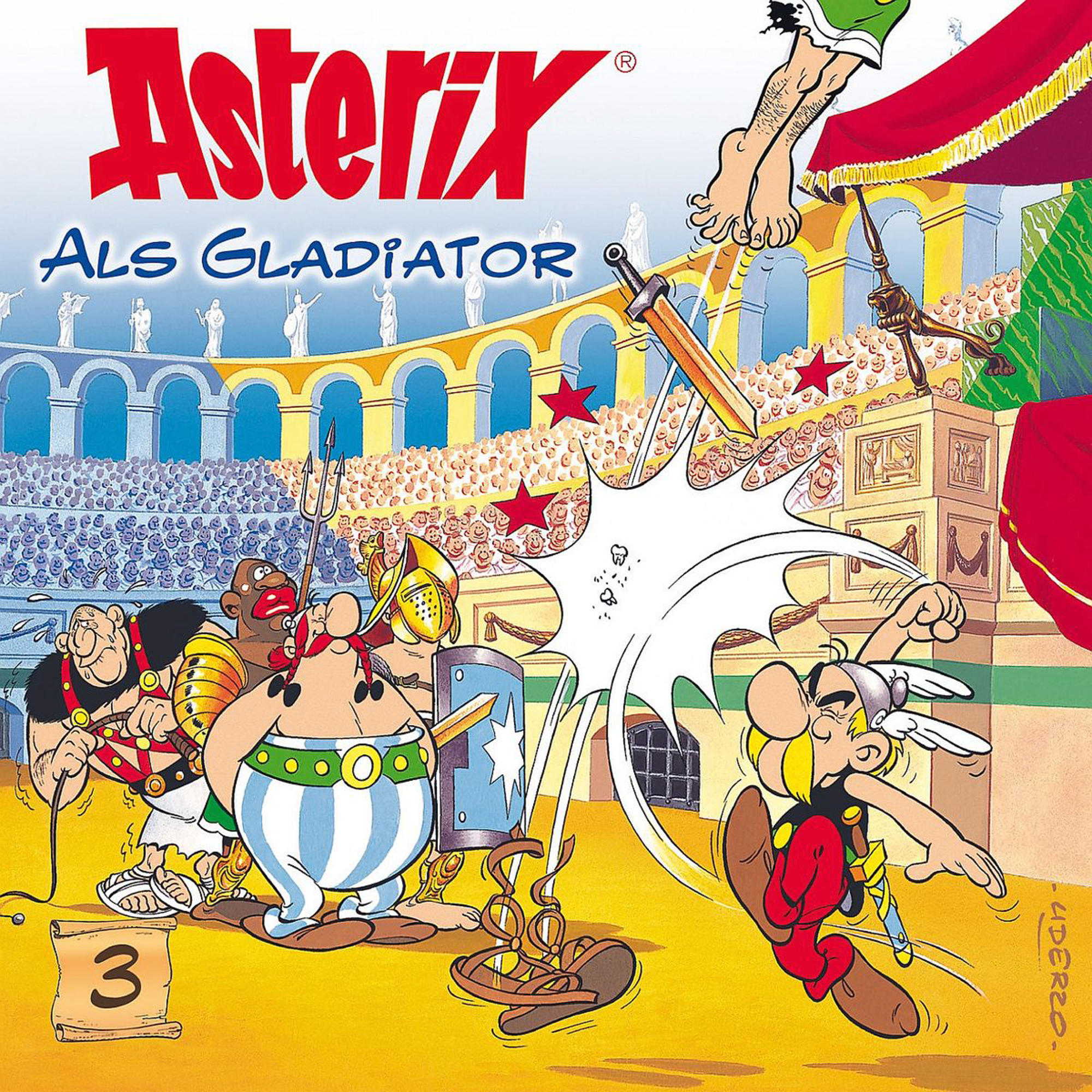 Asterix-Comic-Cover. Asterix und andere kämpfen, Arena-Hintergrund, Cartoon-Stil.