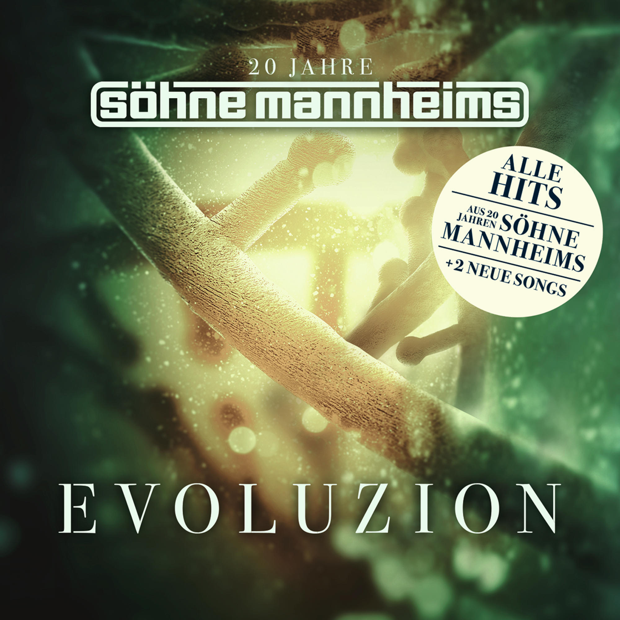 Albumcover für 'Evoluzion' von Söhne Mannheims. Text und abstraktes Design. Aufkleber: Alle Hits + 2 Neue Songs.