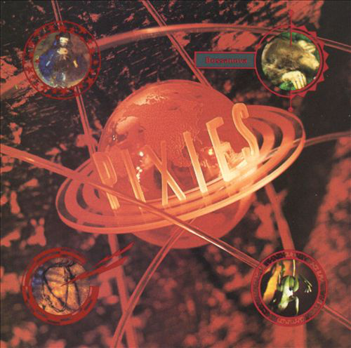 Album borító: Piros és narancssárga absztrakt dizájn a PIXIES szóval. Kör alakú képek körülötte.