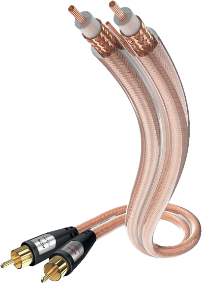 Zwei Audiokabel. Sie sind kupferfarben mit goldfarbenen Steckern. Der Hintergrund ist weiß.