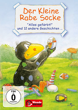 Kinderbuchcover: Ein Cartoon-Rabe hält ein Ei, mit anderem Spielzeug und Figuren. Buntes Design.